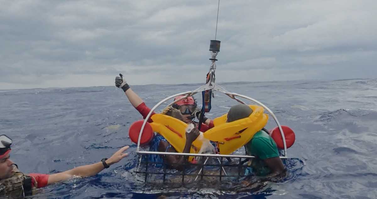 Members of the rescue team hoist plane crash survivors, At Sea, Melbourne, Florida, U.S., May 12, 2026, in this screengrab taken from a handout video.