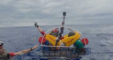 Members of the rescue team hoist plane crash survivors, At Sea, Melbourne, Florida, U.S., May 12, 2026, in this screengrab taken from a handout video.