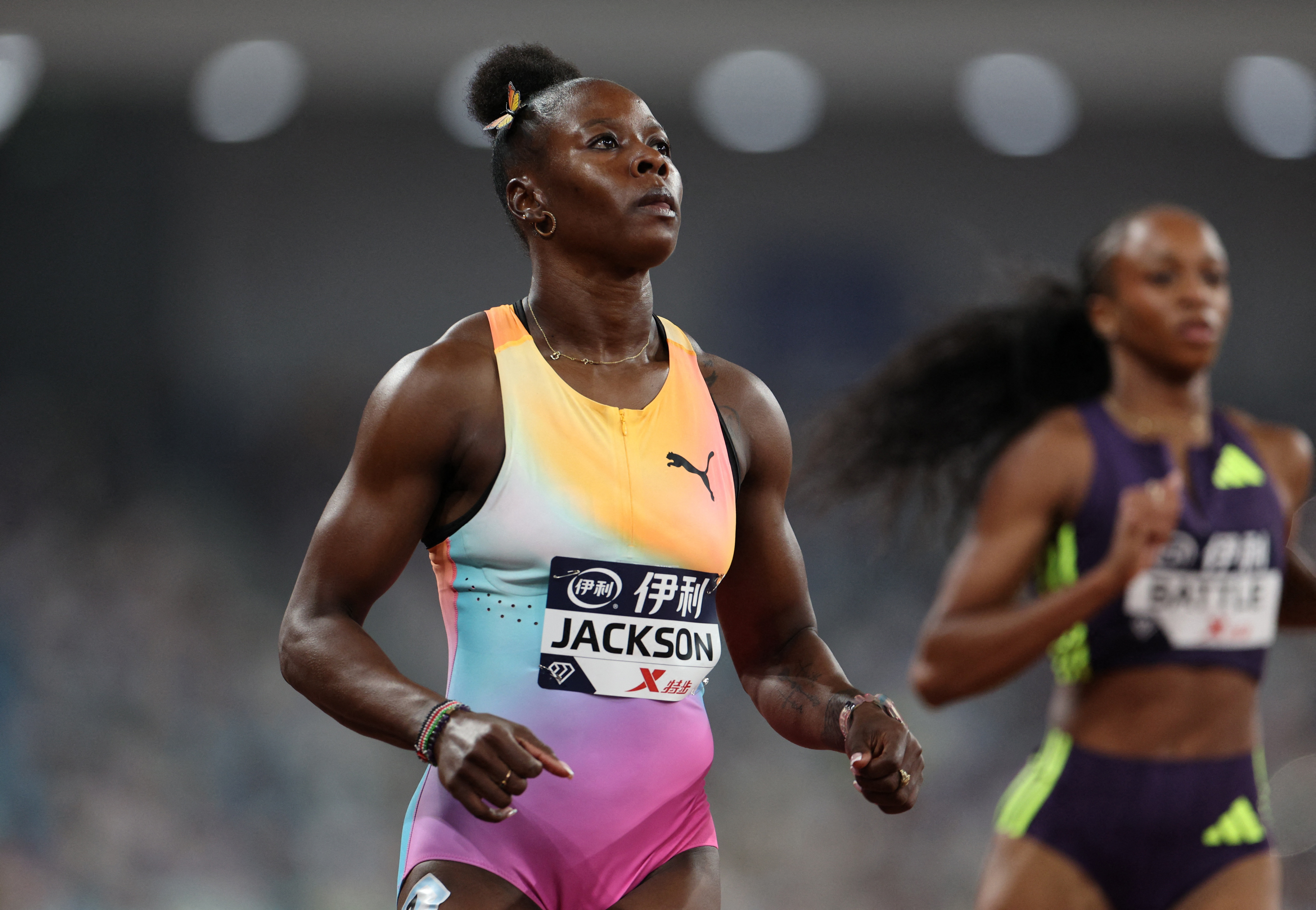 Diamond League - Xiamen - Xiamen Egret Stadium, Xiamen, China - May 23, 2026 Jamaica's Shericka Jackson in action during the women's 200m final