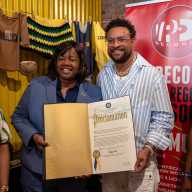 Deputy Brooklyn Borough President Kim Council, presented a Proclamation to "Hey Sexy Lady" singer Shaggy, a Grammy winner, in Little Caribbean, Brookly. Partly-hidden, left, is Council Member Rita Joseph. Partly-hidden far right, is Public Advocate Jumaane Williams. May 19, 2026 was proclaimed Shaggy Day by Brooklyn Borough President Antonio Reynoso.