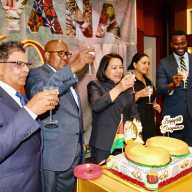 From left: Advisor Fazal Yusuff; Guyana Consul General to New York Ambassador Michael E. Brotherson; Permanent Representative to the United Nations, Ambassador Carolyn Rodrigues-Birkett; Ambassador Trishala Persaud; and Chair, CARICOM Consular Corps, Consul General of St. Lucia to New York Jeremiah Hyacinth, toast to Guyana's 60th Independence Anniversary in the Helen Marshall Cultural Centre on May 26, 2026.