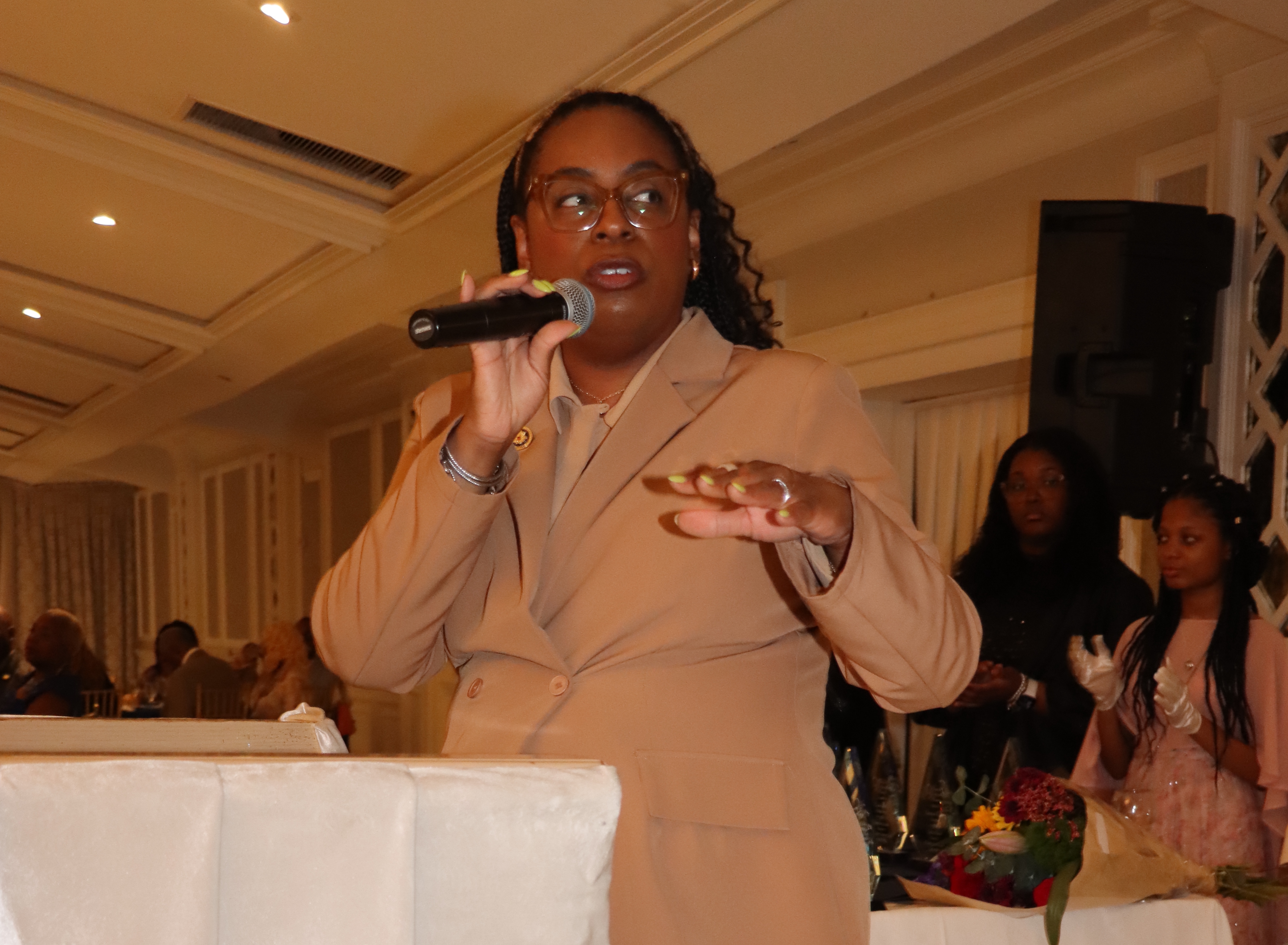 New Jersey Congresswoman LaMonica McIver speaks at the Progressive Democratic Political Association during the Women Celebrating Women 2026 Sapphire Awards on May 3.