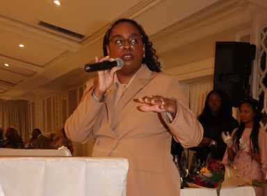 New Jersey Congresswoman LaMonica McIver speaks at the Progressive Democratic Political Association during the Women Celebrating Women 2026 Sapphire Awards on May 3.