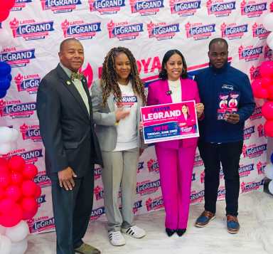 James Sanders Jr., Lisa George, Latoya LeGrand, and Khaleel Anderson gather during LeGrand’s campaign headquarters opening and press conference in Jamaica, Queens, as community leaders rally behind her bid for State Assembly District 32.