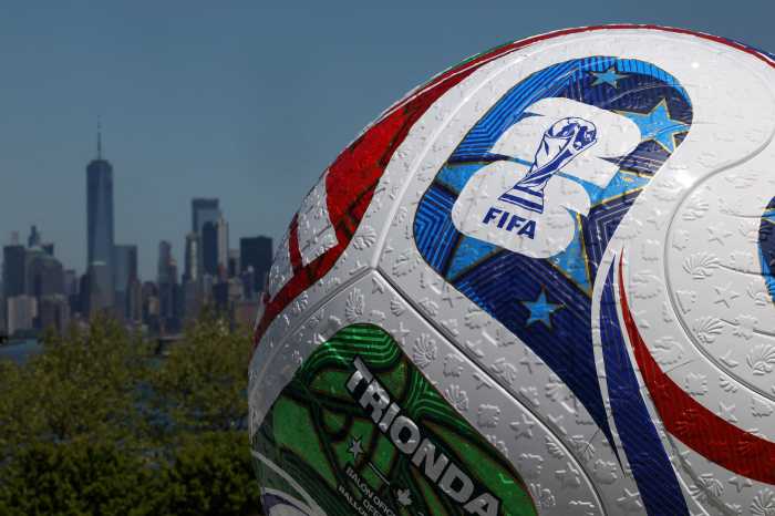A blow up soccer ball of the Trionda, the official match ball of the FIFA World Cup 2026, stands during a press conference announcing an official fan zone for the area in New York City, U.S., April 27, 2026.