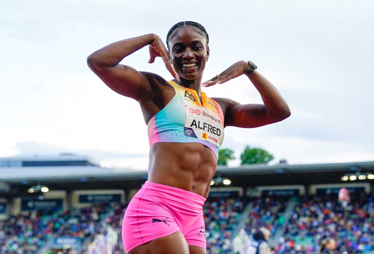 Saint Lucia's Julien Alfred celebrates winning the women's 100m final in Oslo, Norway, June 10, 2026.