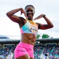 Saint Lucia's Julien Alfred celebrates winning the women's 100m final in Oslo, Norway, June 10, 2026.