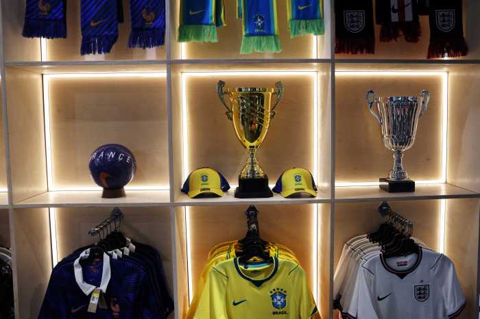 Nike’s World Cup merchandise is displayed at a store in New York City, U.S., June 9, 2026.