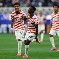 Folarin Balogun of the U.S. celebrates scoring their third goal against Paraguay at Los Angeles Stadium, Inglewood, California, U.S., June 12, 2026.