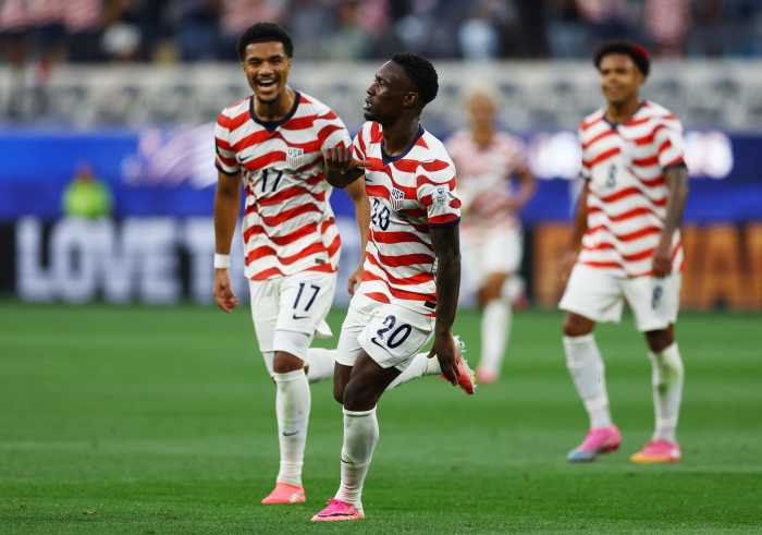 Folarin Balogun of the U.S. celebrates scoring their third goal against Paraguay at Los Angeles Stadium, Inglewood, California, U.S., June 12, 2026.