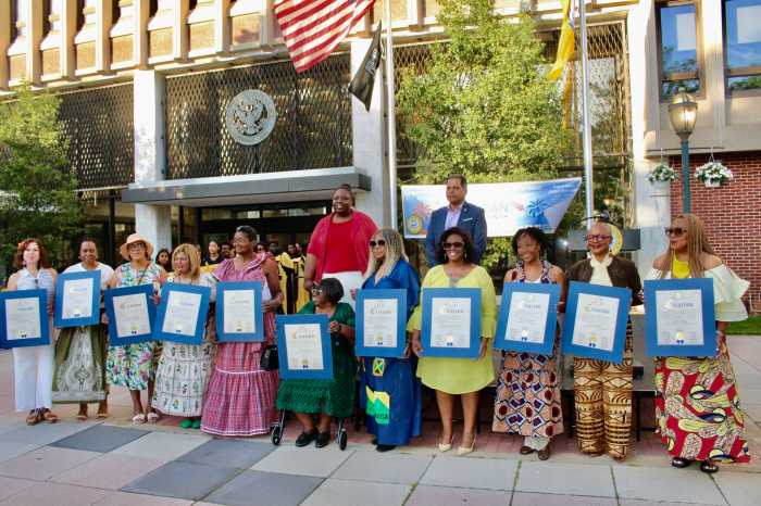 Caribbean nationals were honored with citations. (In no particular order, they are Maria Calderon, Pauline Deborah Noel, Beryl Williams, Sherry Williams (for Alana Mahato-Shakeer),Paulette Moore, Tiltda Francis, Annette Trewick, Sandra Lino, Windie Auguste, Rose October, and Ameil Sloley, Back; Trudy King, and Zahid Syed, on the Dorothy Goosby Plaza at Hempstead Town Hall during a June 4 Caribbean Heritage celebration.