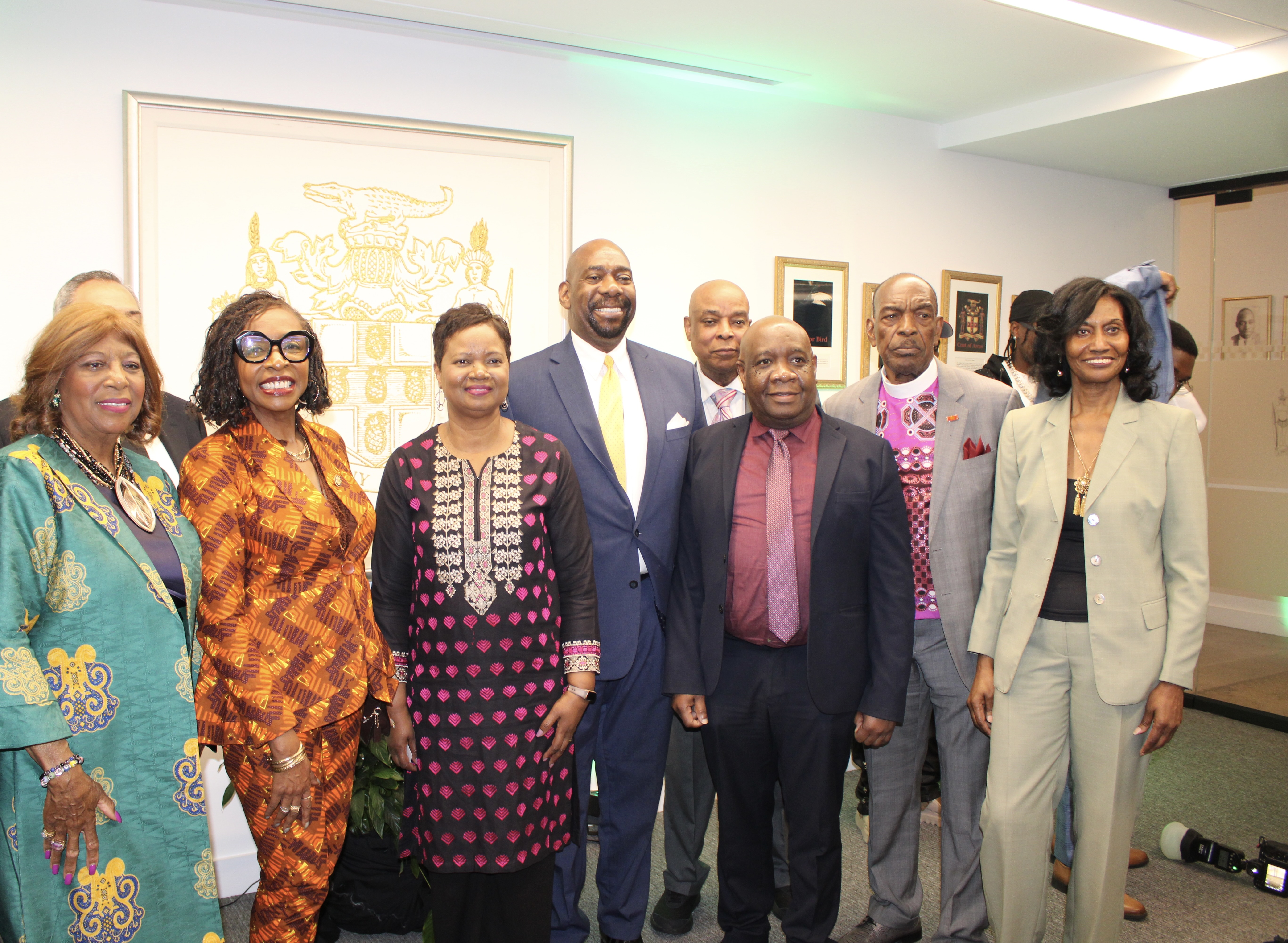 Second from left, Congresswoman Yvette D. Clarke, followed by Officer-in-Charge at the Consulate General of Jamaica, Ariel Bowen; Dr. Bill Tinglin, JDRP chairman; Sheldon Peter, consul general, Commonwealth of Dominica; Bishop Dr. Cecil Riley; and Dr. Ionie Pierce. The gathering attended the May 29 launch of the inaugural Jamaica Day Rising parade at the Consulate General of Jamaica located at 300 E 42nd Street, Manhattan.