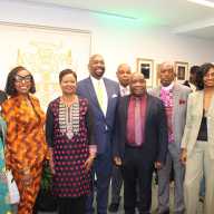 Second from left, Congresswoman Yvette D. Clarke, followed by Officer-in-Charge at the Consulate General of Jamaica, Ariel Bowen; Dr. Bill Tinglin, JDRP chairman; Sheldon Peter, consul general, Commonwealth of Dominica; Bishop Dr. Cecil Riley; and Dr. Ionie Pierce. The gathering attended the May 29 launch of the inaugural Jamaica Day Rising parade at the Consulate General of Jamaica located at 300 E 42nd Street, Manhattan.