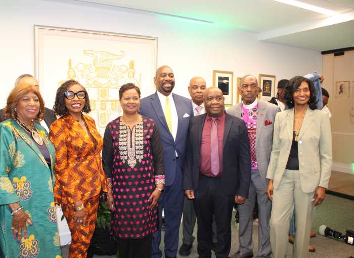 Second from left, Congresswoman Yvette D. Clarke, followed by Officer-in-Charge at the Consulate General of Jamaica, Ariel Bowen; Dr. Bill Tinglin, JDRP chairman; Sheldon Peter, consul general, Commonwealth of Dominica; Bishop Dr. Cecil Riley; and Dr. Ionie Pierce. The gathering attended the May 29 launch of the inaugural Jamaica Day Rising parade at the Consulate General of Jamaica located at 300 E 42nd Street, Manhattan.
