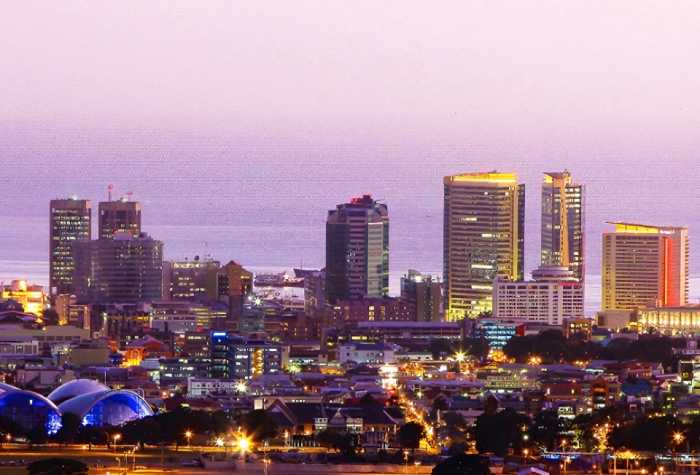 Trinidad and Tobago's capital, Port of Spain, at night.
